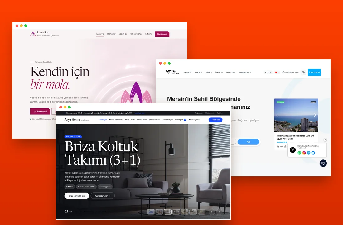 Kirpisoft'un yayındaki müşteri siteleri: Lotus Spa, VipEmlak, Arya Home