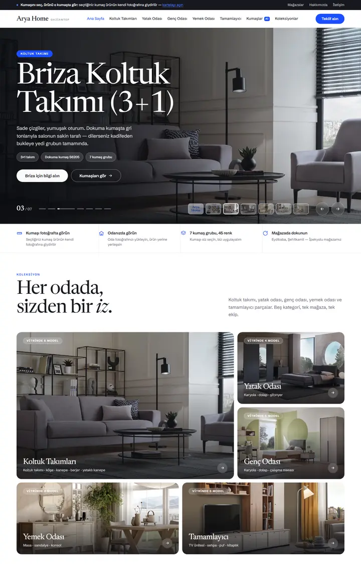 Arya Home sitesinin ekran görüntüsü